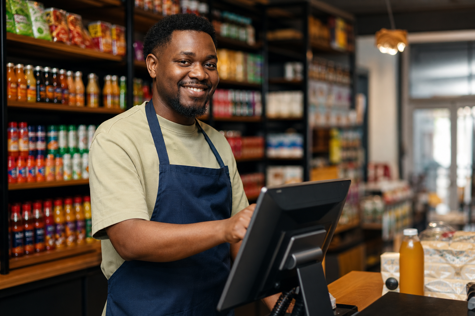 Commerçant africain utilisant une caisse tactile dans sa boutique